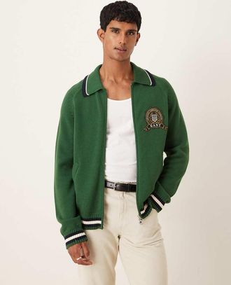 GANT Cardigan in maglia verde stile college con zip