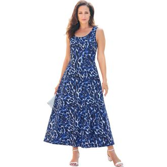 Jessica London Stretch Cotton Tank Maxi Dress in Navy Watercolor Cheetah at Nordstrom, Size 32