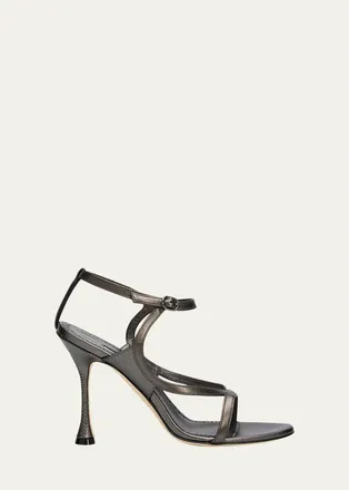 Manolo Blahnik 105mm Tibula Metallic Leather Ankle-Strap Sandals
