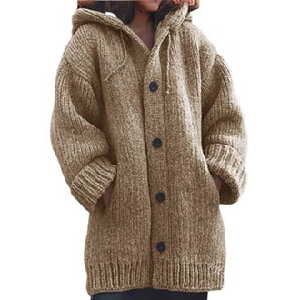 Generic Womens Knit Thick Button Hooded Cardigan Jackets Long Sleeve Chunky Fleece Winter Sweater Coats with Pockets Sweater Coats for Women Khaki