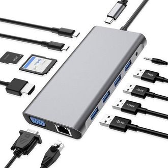 OEM Estaci&oacute;n De Acoplamiento Usb C 12 En 1: Hdmi 4k, Vga, Usb, Ethernet, Sd/tf Y Aux