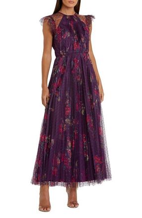 Mac Duggal Floral Flutter Sleeve Midi Dress in Plum Multi at Nordstrom, Size X-Small