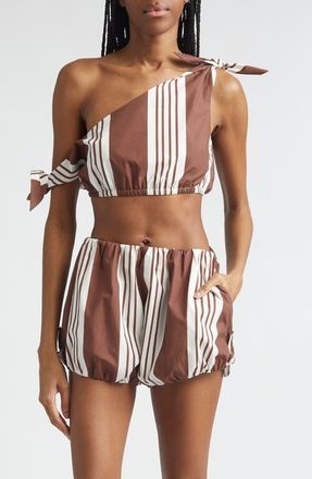Poss&eacute; Rosie Stripe Asymmetric Neck Crop Top in Chocolate Stripe at Nordstrom, Size Xx-Large