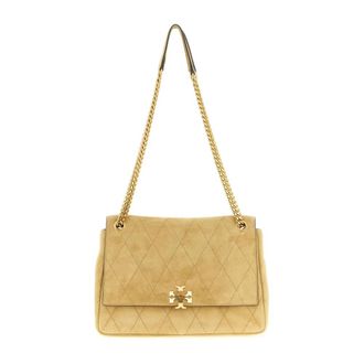 Tory Burch Kira Diamond Quilt Suede Shoulder Bag - Dames - Tassen - Beige - Maat: ONE Size Su&egrave;de
