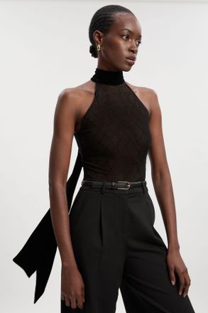 Karen Millen Womens Mesh With Velvet Bow Neck Detail Halter Bodysuit - Black Nylon - Size Medium