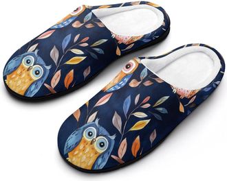 Generic Colorful Owls And Leaves Mens Slippers Slip On Comfortable Fleece Cotton House Shoes Winter
