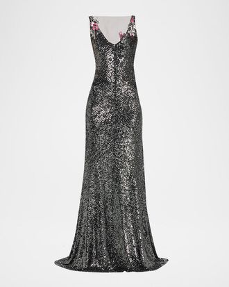 Naeem Khan Floral Applique Stretch Sequin V-Neck Gown