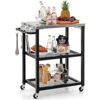 Costway Costway - Carrello Grill da Esterno a 2/3 Piani, Supporto per Forno per con Piano e Maniglia in Acciaio Inossidabile, Carrello per Barbecue con Ganci