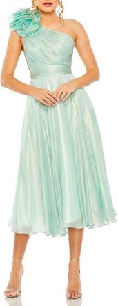 Mac Duggal Rosette One Shoulder Tea Length Dress in Sage at Nordstrom, Size 14
