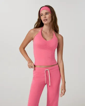 Vuori Clothing Halo Halter Ruched Top | Sunset Pink Heather | XS, Size Extra Small