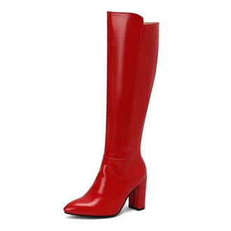 Generic Womens Soild Color Zip Up Knee High Riding Boots Pointed Toe Chunky High Heel Dressy Pumps Shoes for Winter (7.5,Red)