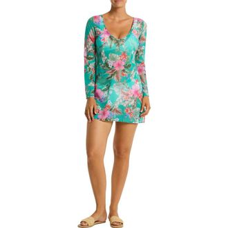 Sea Level Australia Pacificao Floral Mesh Cover-Up Dress in Evergreen at Nordstrom Rack, Size Large