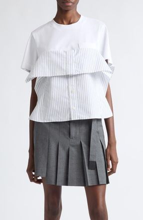 sacai Mixed Media Poplin & Cotton Jersey T-Shirt in White/off White Stripe at Nordstrom, Size 4