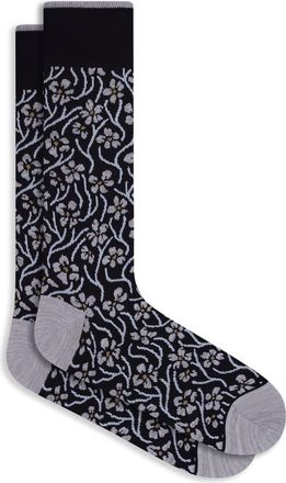 Bugatchi Floral Mercerized Cotton Blend Dress Socks in Black at Nordstrom