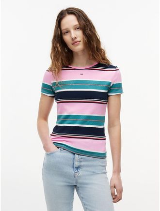 Tommy Hilfiger Womens Tommy Jeans Slim Stretch Ribbed T-Shirt - Pink - XL