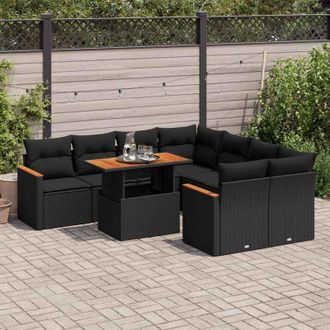 vidaXL Set Sof&aacute;s Jard&iacute;n Y Cojines 9 Pzas Rat&aacute;n Sint&eacute;tico Acacia Negro Vidaxl