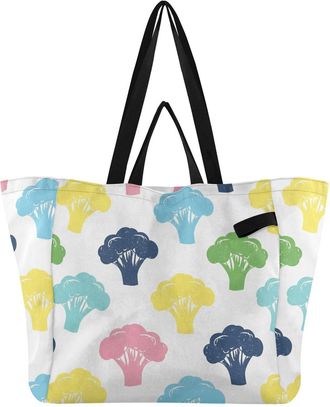 Generic Colorful Vegetables Broccoli White print Reusable Canvas Tote Bag, Heavy Duty Grocery Shopping Bag with Large Capacity Hard Bottom Double Handles Work