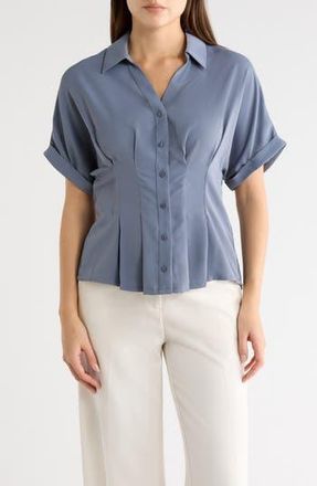 Adrianna Papell Pleated Waist Short Sleeve Button-Up Shirt in Dusty Blue at Nordstrom Rack, Size X-Large