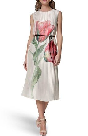 DKNY Floral Pleat Satin Midi Dress in Geranium Multi at Nordstrom, Size 16