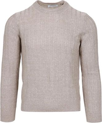 Gran Sasso Beige Linnen Katoenen Trui Ribgebreide Ronde Hals - Heren - Ronde hals truien - Beige - S - Katoen - Truien & Vesten