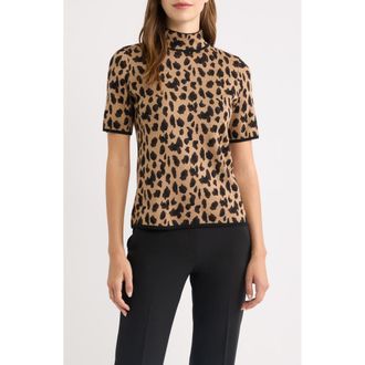 Anne Klein Animal Jacquard Short Sleeve Sweater in Vicuna Multi at Nordstrom, Size Xx-Small