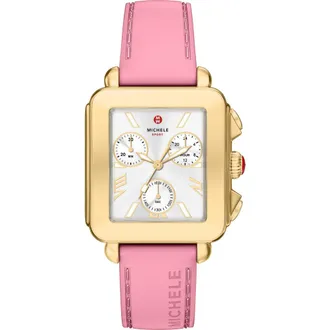 Michele Deco Sport Mid Chronograph Silicone Strap Watch, 34mm x 36mm in Pink at Nordstrom