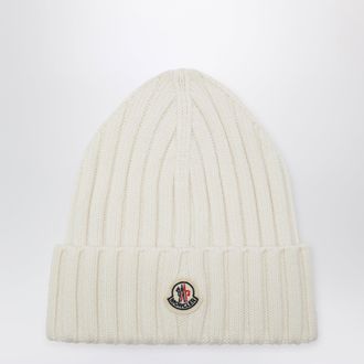 Moncler White cable-knit wool beanie with logo