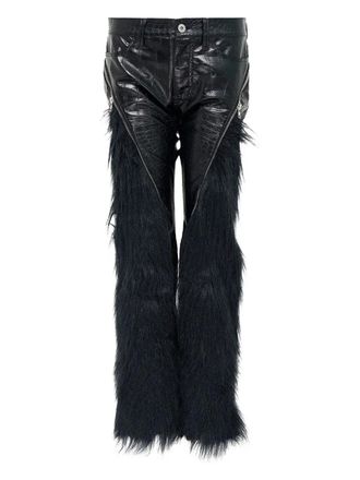 Junya Watanabe crocodile-effect fur-trimmed trousers - women - Artificial Leather/Artificial Fur - S - Black
