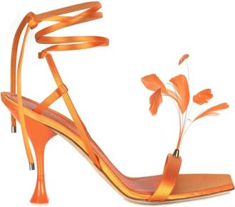 3Juin Satin Sandaal met Veren en Vierkante Neus - Dames - Sandalen met hakken - Oranje - 37 EU - Satijn - Schoenen