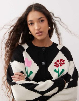 Miss Selfridge diamond & flower crew neck cardigan-Multi