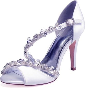 Generic Wedding Bridal Shoes Womens Heels Ankle Strap High Heels Heeled Open Toe Satin Bridal Stiletto Sandals 10.5Cm,White,5 UK