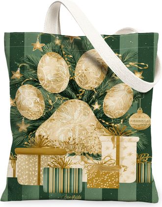 Generic Christmas Gift Canvas Tote Bags, Vintage Holiday Design Reusable Grocery Bags, Elegant Lightweight Washable Shoulder Strap, Green, 13x15 Inch