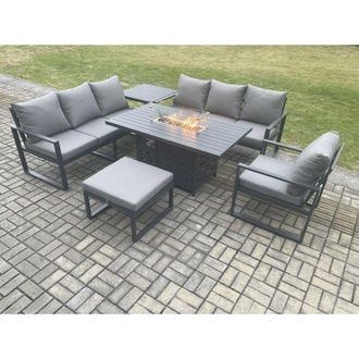 Fimous Fimous Aluminium 6 Pieces Garden Furniture Sofa Set with Cushions 8 Seater Gas Fire Pit Dining Table Set with Side Table Big Footstool Dark Grey