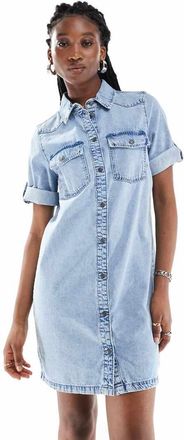 Noisy May rolled sleeve denim mini dress in light blue wash-Black
