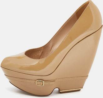 Nicholas Kirkwood Beige Patent Leather Wedge Platform Pumps