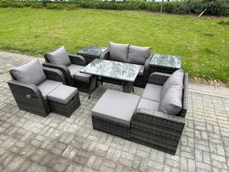 Fimous 9 Seater Wicker PE Rattan Garden Dining Set Outdoor Furniture Sofa with Rectangular Dining Table 3 Footstools Dark Grey Mixed