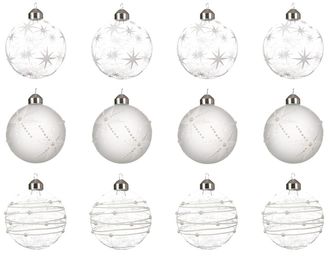Decoris Weihnachtskugeln mit Motiven Glas 8cm x 12 St&uuml;ck Sterne Streifen Christbaumkugeln transparent wei&szlig;
