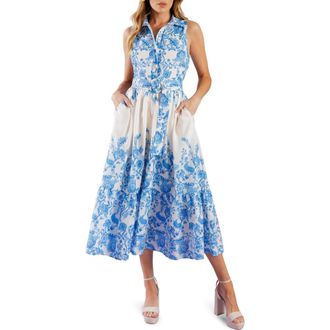 Flying Tomato Floral Sleeveless Belted Shirtdress in Ivory Blue at Nordstrom Rack, Size Large