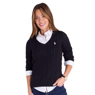 U.S.Polo Association Womens Cable Sweater - Soft Knit, Embroidered Pony Logo, Ribbed Trims, Casual Cozy Pullover, Black, M