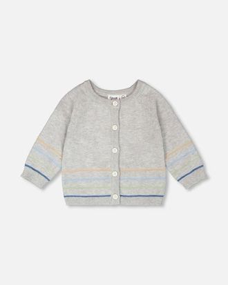 Deux par Deux Boy Cotton Knit Striped Button Front Cardigan in Light Heather Grey at Nordstrom, Size 24M