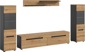 Inosign Wohnwand »REHAT, TOPSELLER!, 4-teilig, wahlweise stehend und hängend montierbar« Set bestehend aus: 2x Vitrine, Lowboard und Wandboard, 3 Stk. tlg