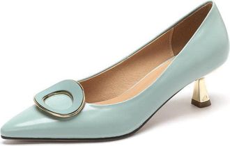 TinaCus Womens Genuine Leather Handmade Pointed Toe Decorated Loop Mid Kitten Heel Office Pumps Shoes, Blue, 10.5 UK