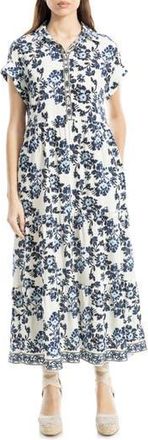 Max Studio Cuffed Short Sleeve Maxi Shirtdress in Cream/Navy Wild Ikat at Nordstrom Rack, Size X-Small