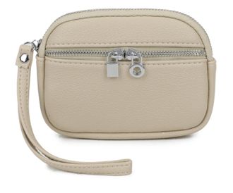 Generic Womens Small Wristlet Pouch, Dual Zipper Compartments, Silver Hardware, Small Clutch Bag with Strap (Beige)