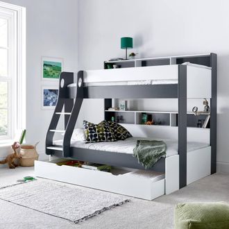 Bedmaster Oliver Triple Sleeper Storage Bunk Bed With Drawer With Pocket Mattresses in Grey | Size: Small Double