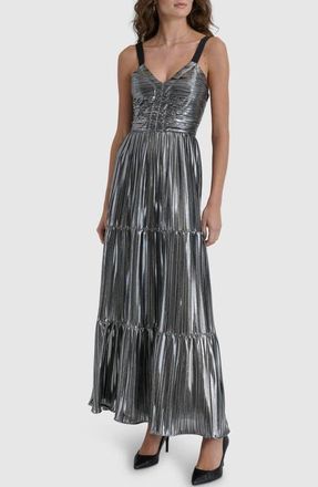 DKNY Foil Pliss&eacute; Sleeveless Maxi Dress in Silver at Nordstrom, Size X-Large