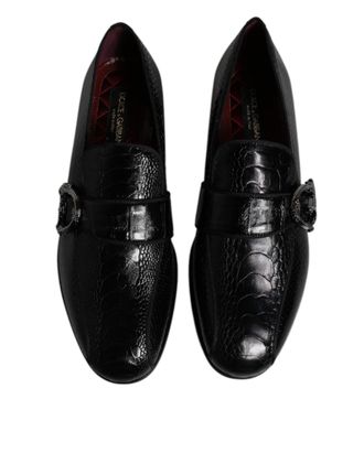 Dolce & Gabbana Mens Black Exotic Leather Dg Logo Loafers Formal Dress Shoes Ostrich Ayers Eel