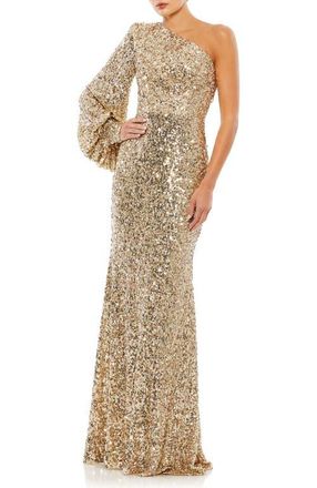 Mac Duggal Sequined One Shoulder Bishop Sleeve Trumpet Gown in Gold at Nordstrom, Size 14