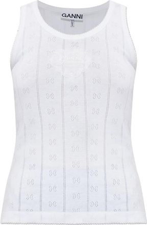 Ganni Logo-patch Pointelle-knit Top