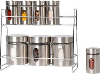 Trade Shop Trade Shop - Set 8 Pezzi Barattoli Portaspezie In Vetro Acciaio Inox Con Stand Cucina